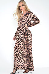 Brown Leopard Print Plunge Belted Maxi Dress - Abela-Dresses