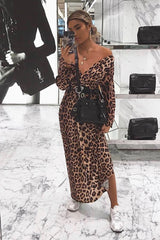 Brown Leopard Print Plunge Belted Maxi Dress - Abela-Dresses