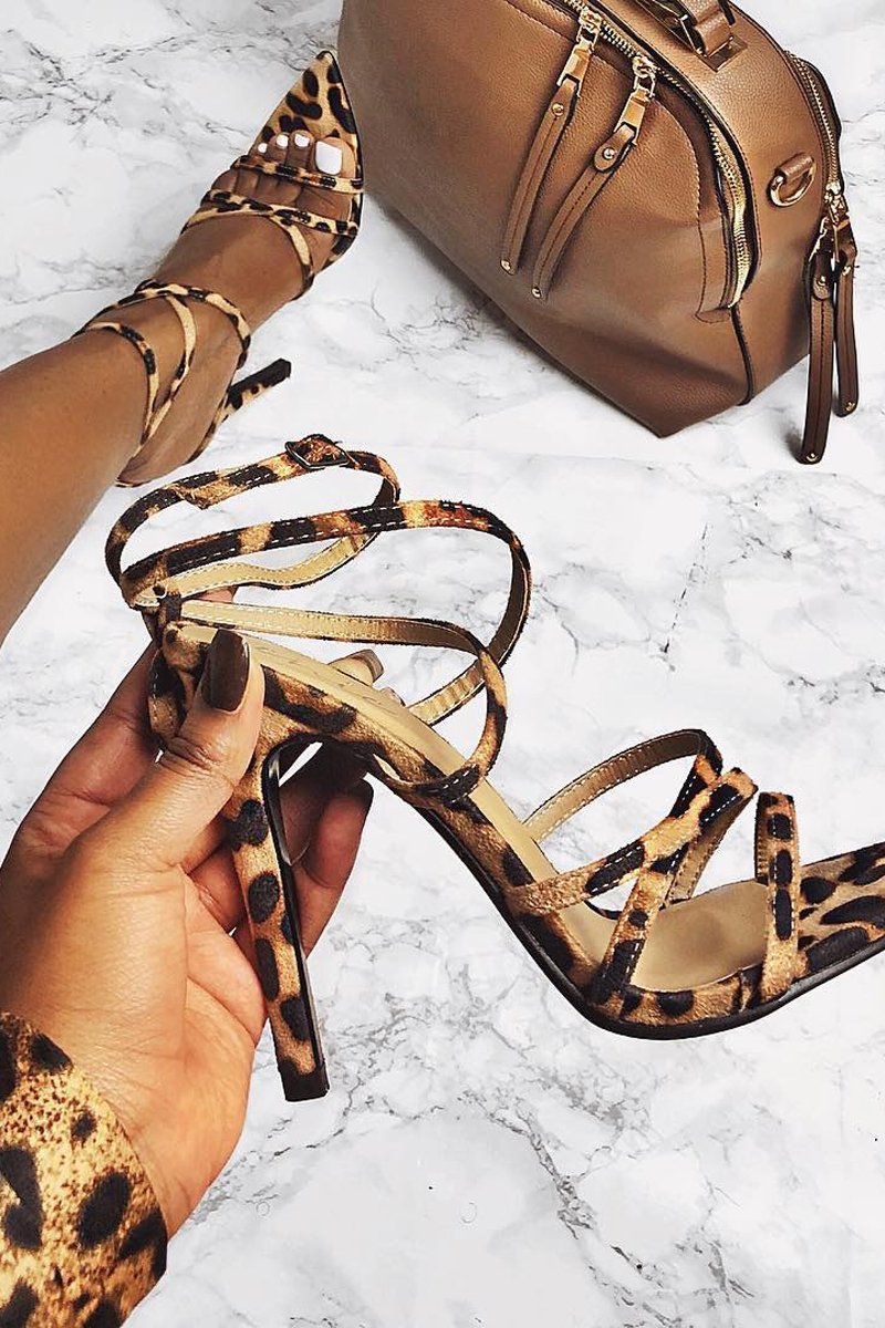 Brown Leopard Print Pointed Toe Cross Strap Heels - Elizzie-Heels