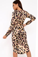 Brown Leopard Print Satin Belted Wrap Midi Dress - Rosine-Dresses