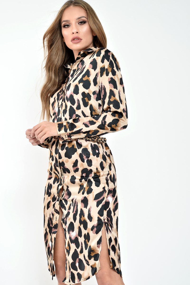 leopard satin shirt dress Animal print satin shirt dress Woman, Patterned