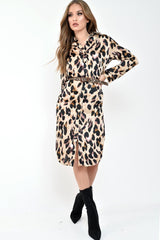 Brown Leopard Print Satin Shirt Dress - Cabela-Dresses