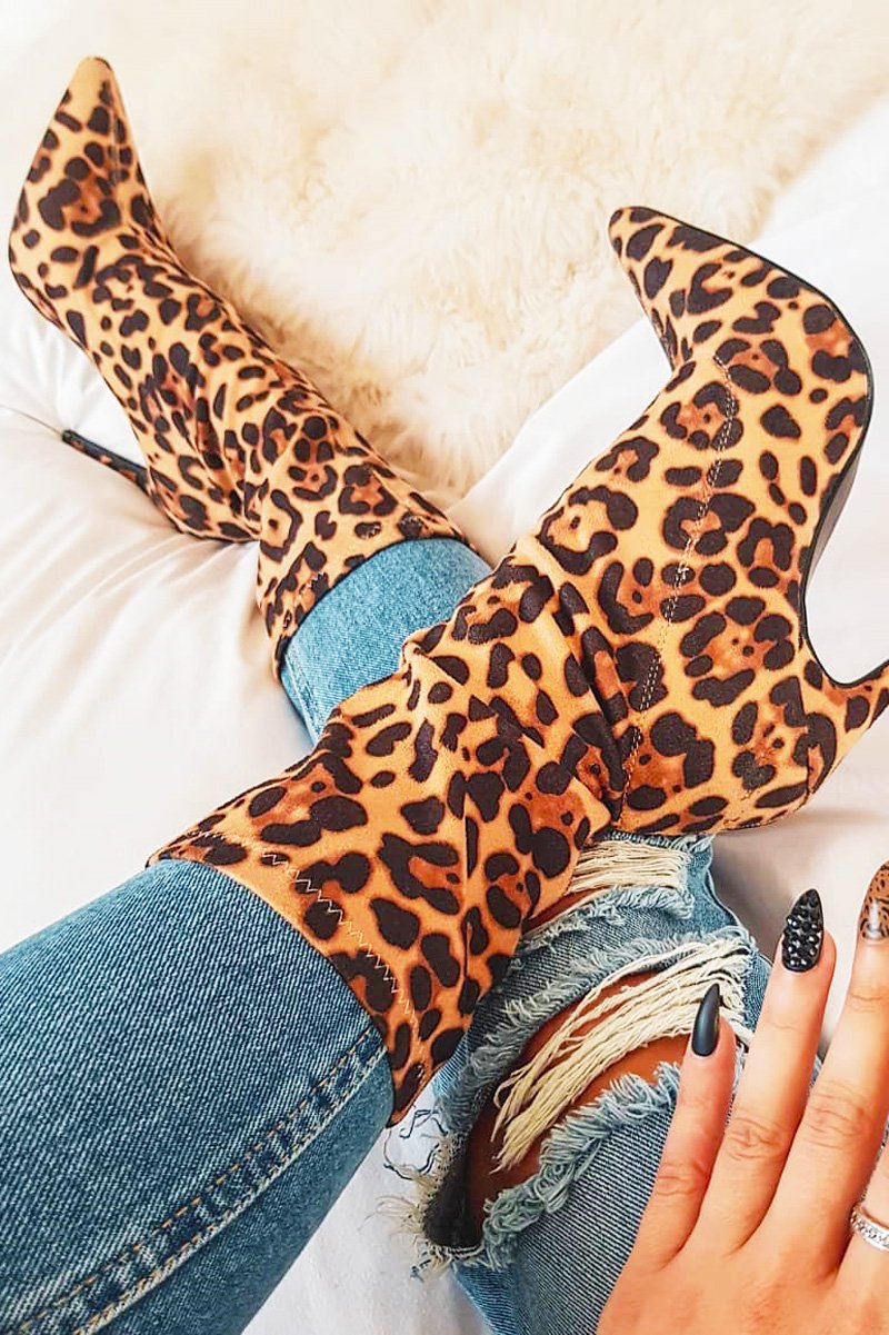 Brown Leopard Stretch Heeled Ankle Boots - Aviya-Boots