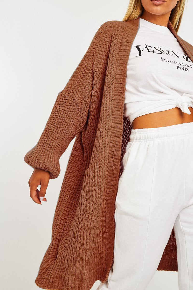 Brown Longline Knit Cardigan - Abbie-Cardigans