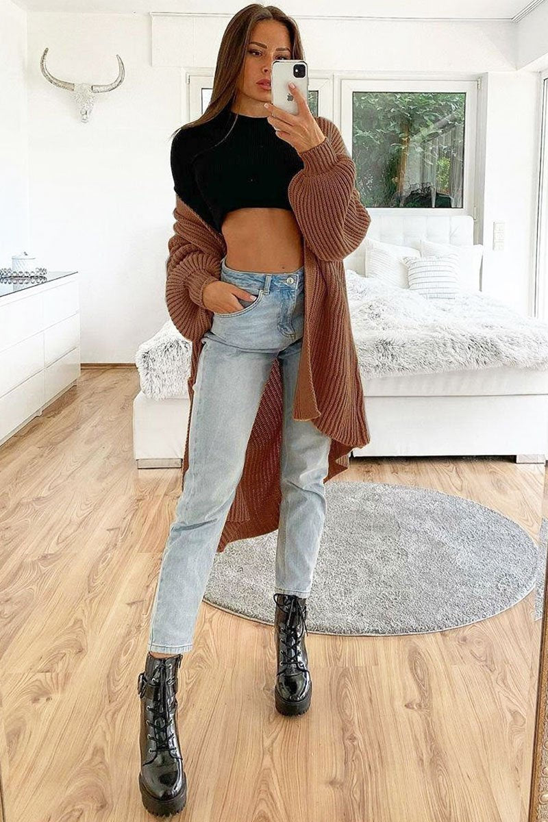 Brown Balloon Sleeve Longline Knit Cardigan | Rebellious Fashion