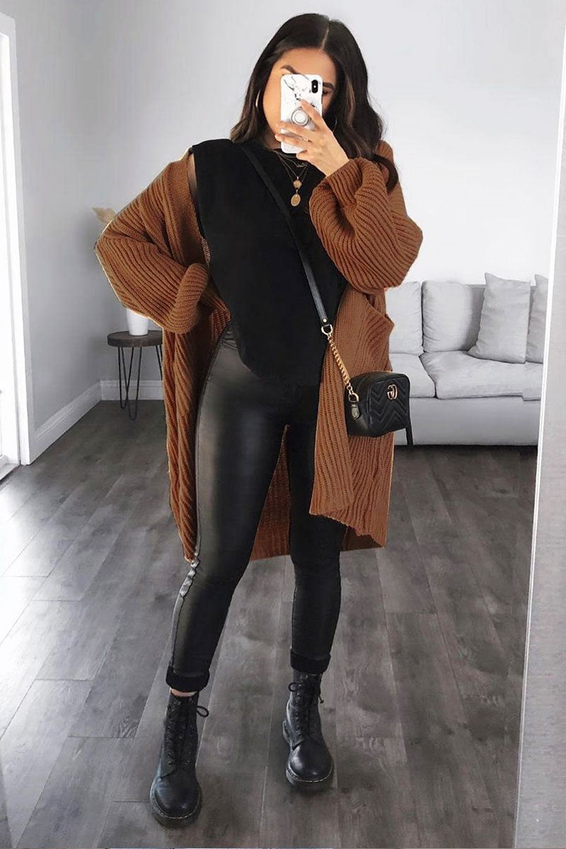 Brown Longline Knit Cardigan - Abbie-Cardigans