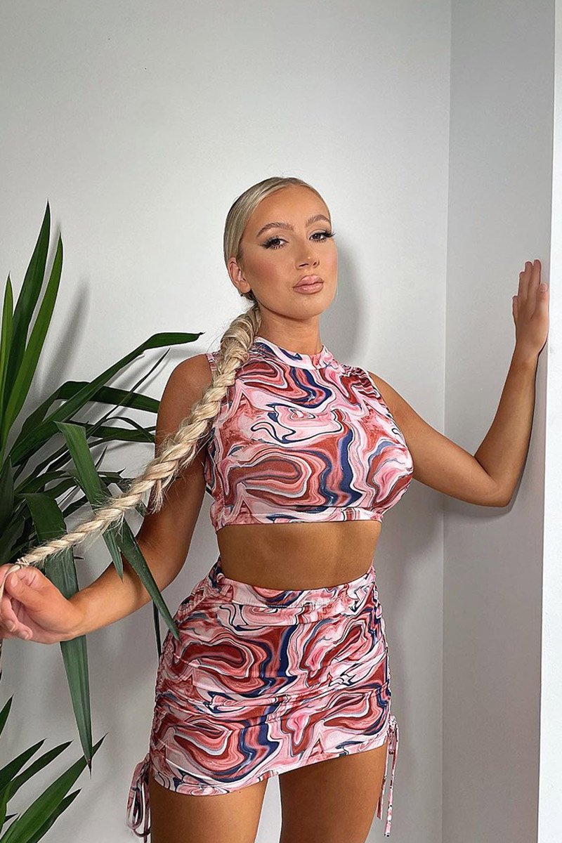Brown Marble Print Crop Top & Side Ruched Skirt Set - Cole-Co-ords