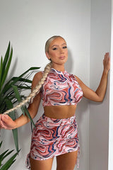 Brown Marble Print Crop Top & Side Ruched Skirt Set - Cole-Co-ords