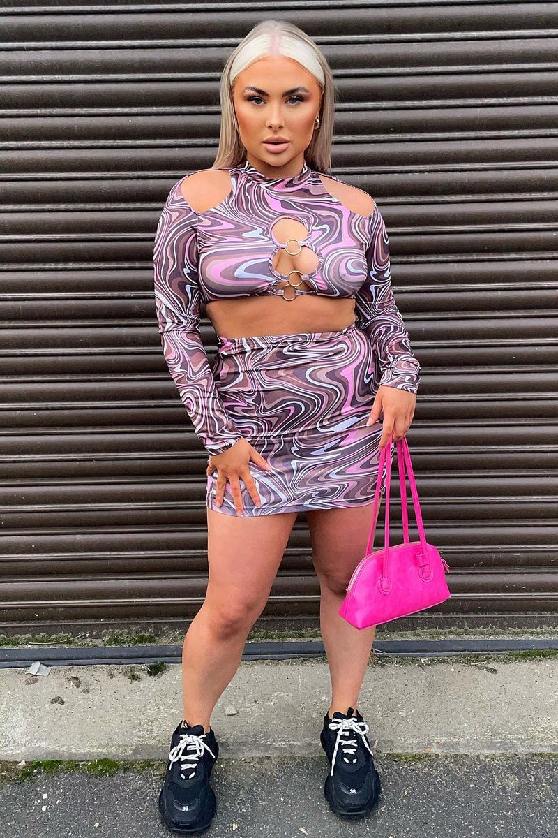 Brown Marble Print Cut Out Crop Top & Mini Skirt - Louie