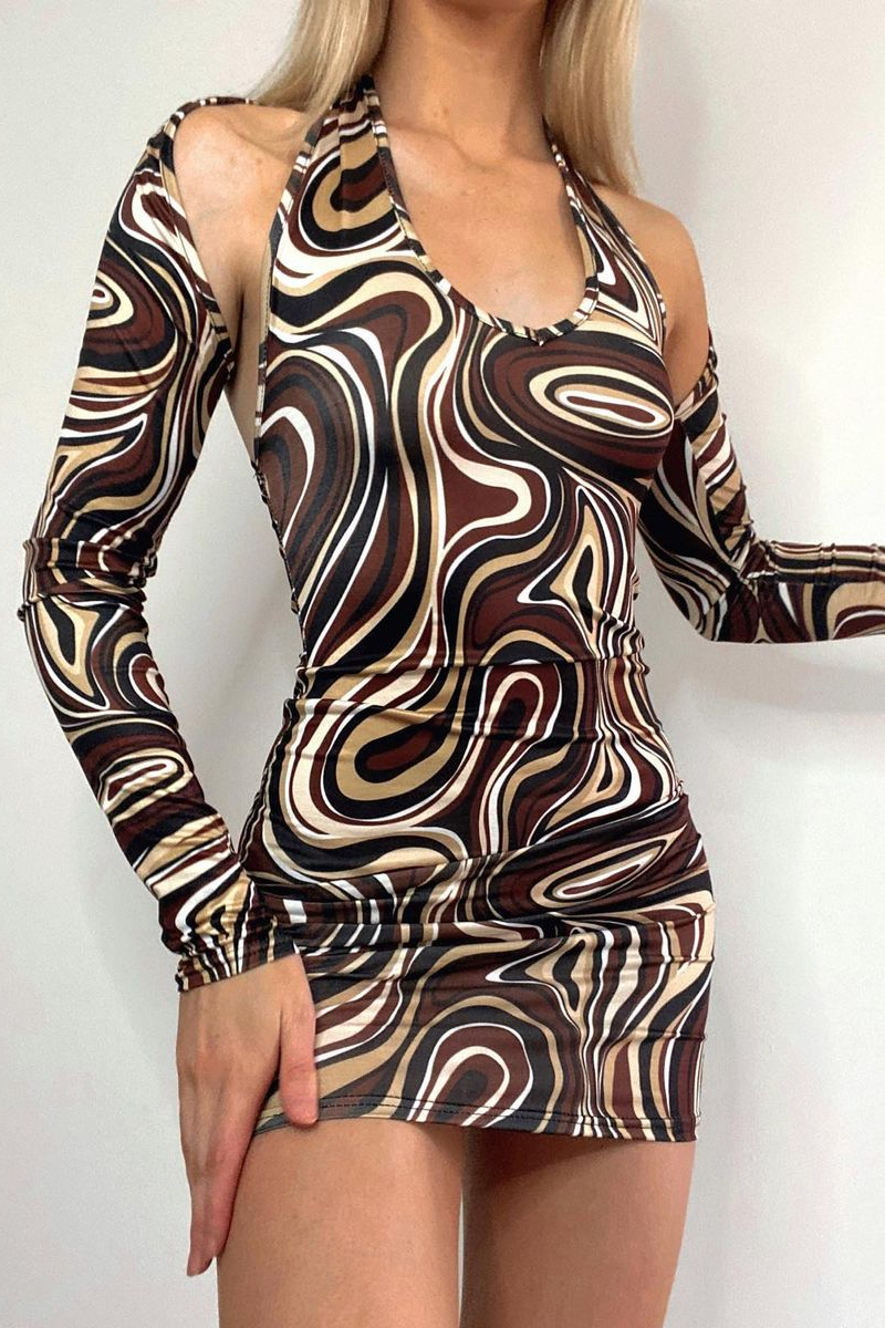 Brown Marble Print Cut Out Long Sleeve Mini Dress | Marble Print Dresses | Rebellious Fashion Brown Marble Print Cut Out Long Sleeve Mini Dress | Marble Print Dresses | Rebellious Fashion