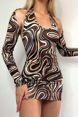 Brown Marble Print Cut Out Long Sleeve Mini Dress, Marble Print Dresses