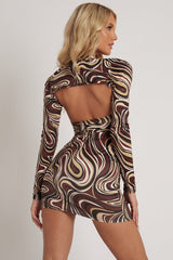 Brown Marble Print Cut Out Long Sleeve Mini Dress, Marble Print Dresses