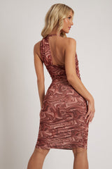 Brown Marble Print Halter Neck Midi Dress - Dottie-Dresses