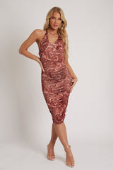 Brown Marble Print Halter Neck Midi Dress - Dottie-Dresses