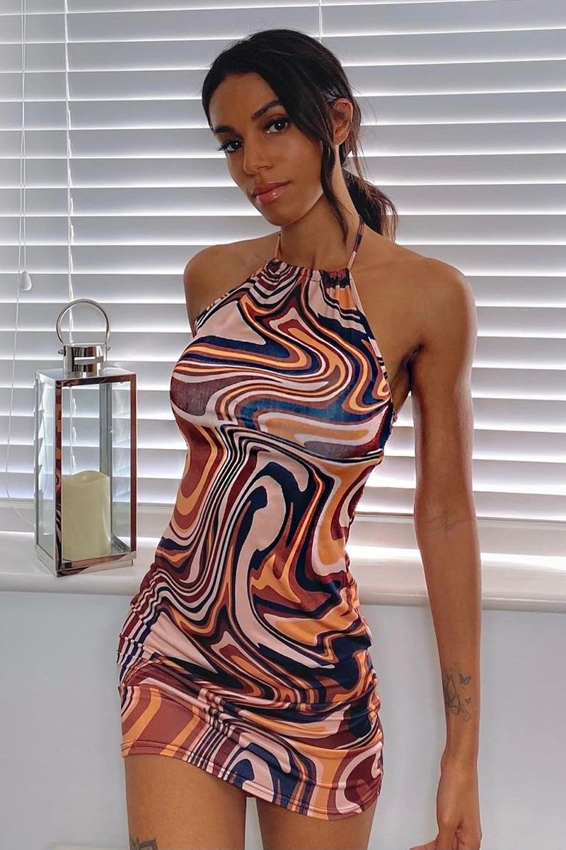 Brown Marble Print Halter Neck Mini Dress | Mini Dresses | Rebellious Fashion Brown Marble Print Halter Neck Mini Dress | Mini Dresses | Rebellious Fashion