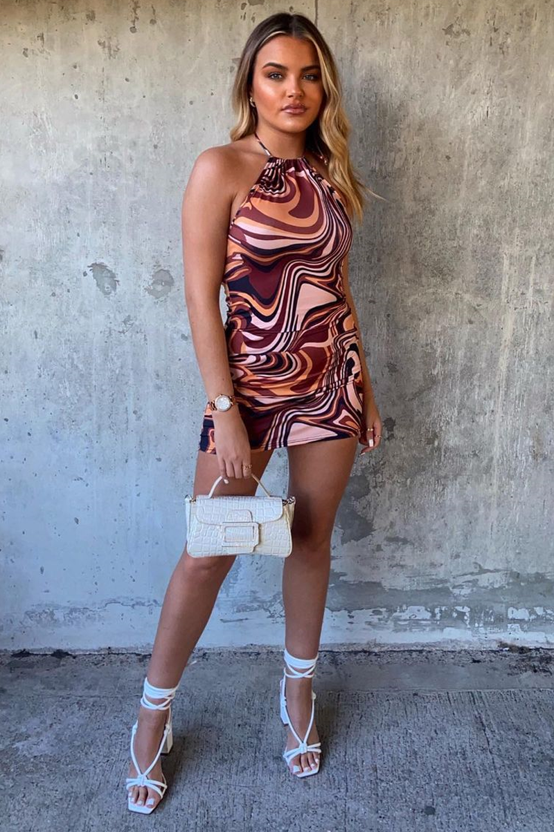 brown marble mini dress Brown Marble Print Cut Out Long Sleeve Mini Dress