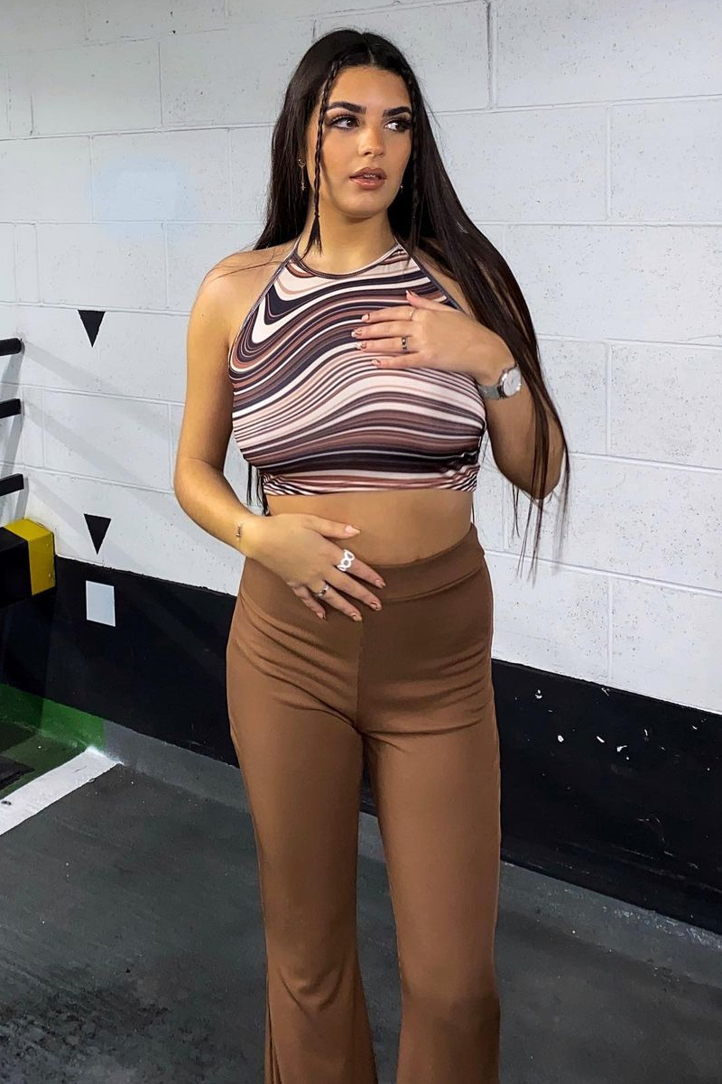 Brown Marble Print Halterneck Crop Top - Ruxin