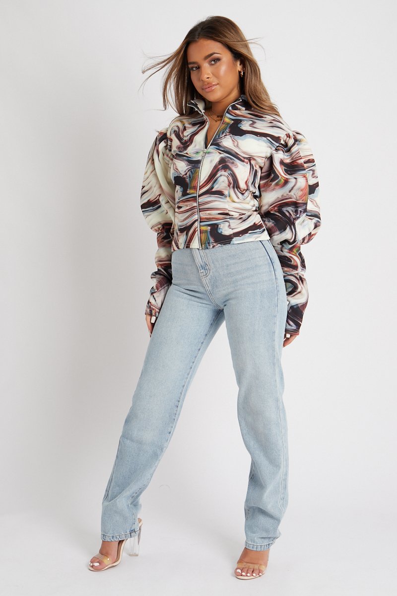 Brown Marble Print Puff Shoulder Jacket - Keaton-Jackets