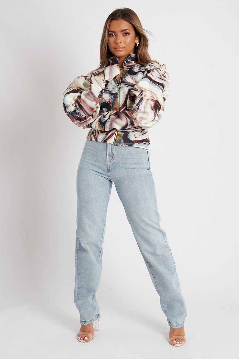 Brown Marble Print Puff Shoulder Jacket - Keaton-Jackets