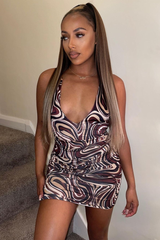 Brown Marble Print Ring Back Mini Dress - Shyla