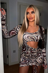 Brown Marble Print Side Ruched Cut Out Mini Dress - Aniisa