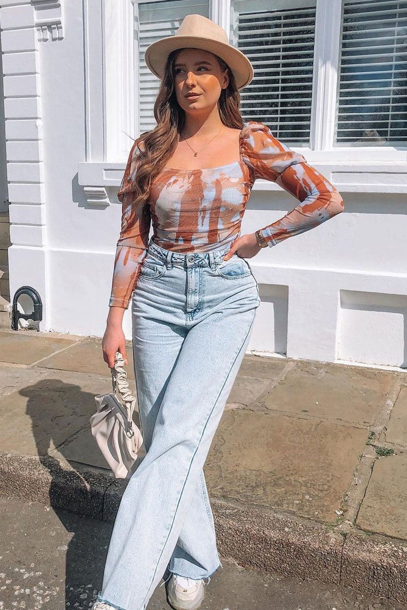 Brown Marble Puff Sleeve Bodysuit - Deana-Bodysuits