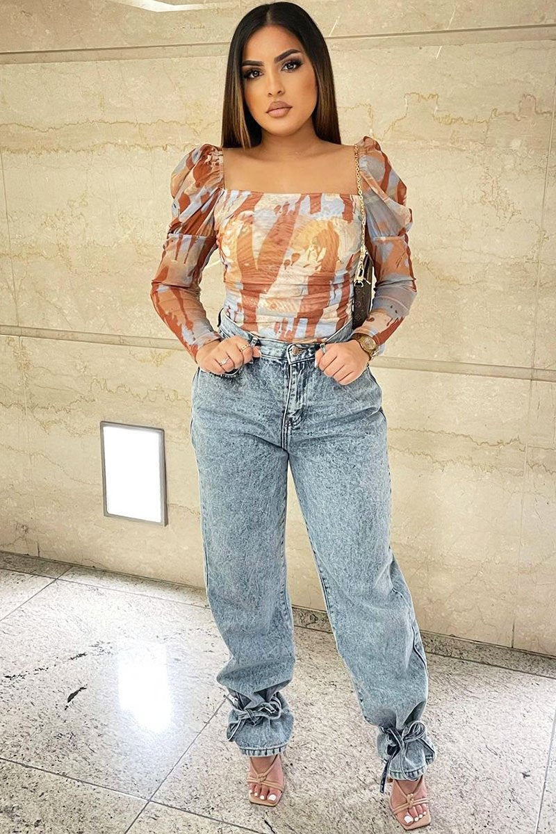 Brown Marble Puff Sleeve Bodysuit - Deana-Bodysuits