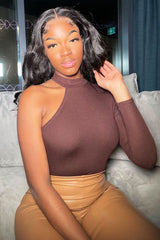 Brown One Sleeve High Neck Bodysuit - Oakley-Bodysuits
