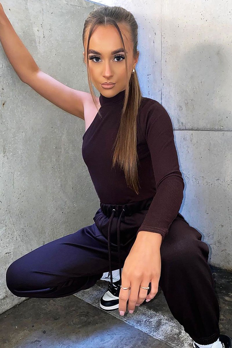 Brown One Sleeve High Neck Bodysuit - Oakley-Bodysuits