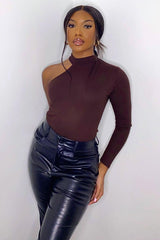 Brown One Sleeve High Neck Bodysuit - Oakley-Bodysuits