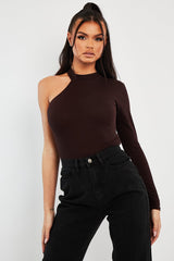 Brown One Sleeve High Neck Bodysuit - Oakley-Bodysuits