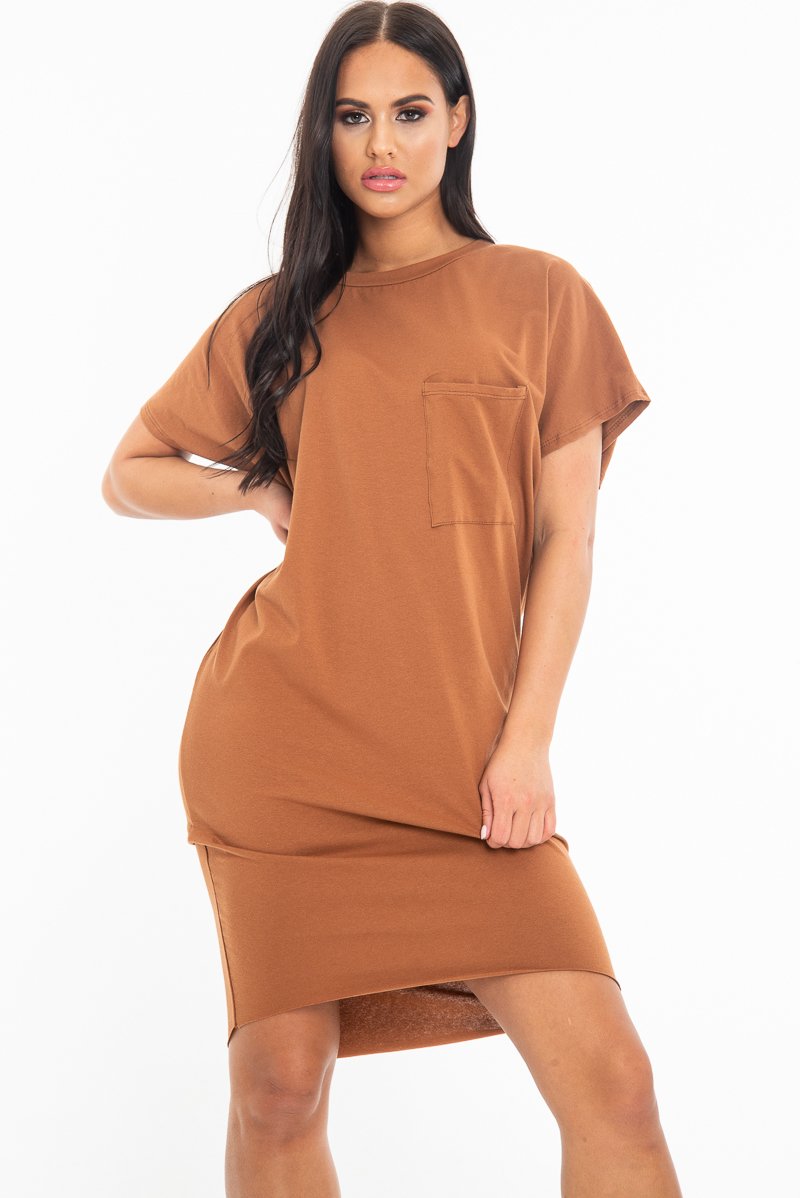 Brown Oversized Pocket Front Midi T-Shirt Dress - Whitney-Dresses