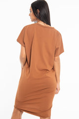 Brown Oversized Pocket Front Midi T-Shirt Dress - Whitney-Dresses