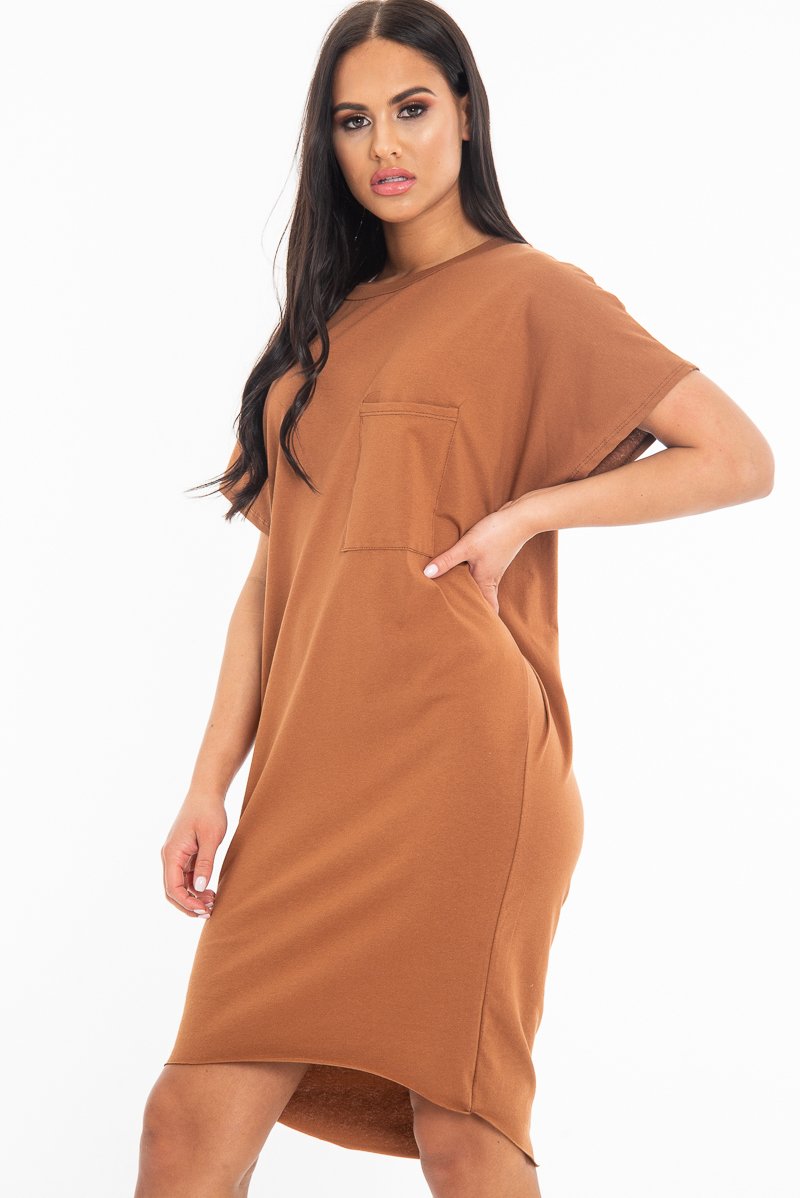 Brown Oversized Pocket Front Midi T-Shirt Dress - Whitney-Dresses