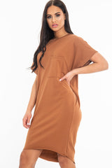 Brown Oversized Pocket Front Midi T-Shirt Dress - Whitney-Dresses
