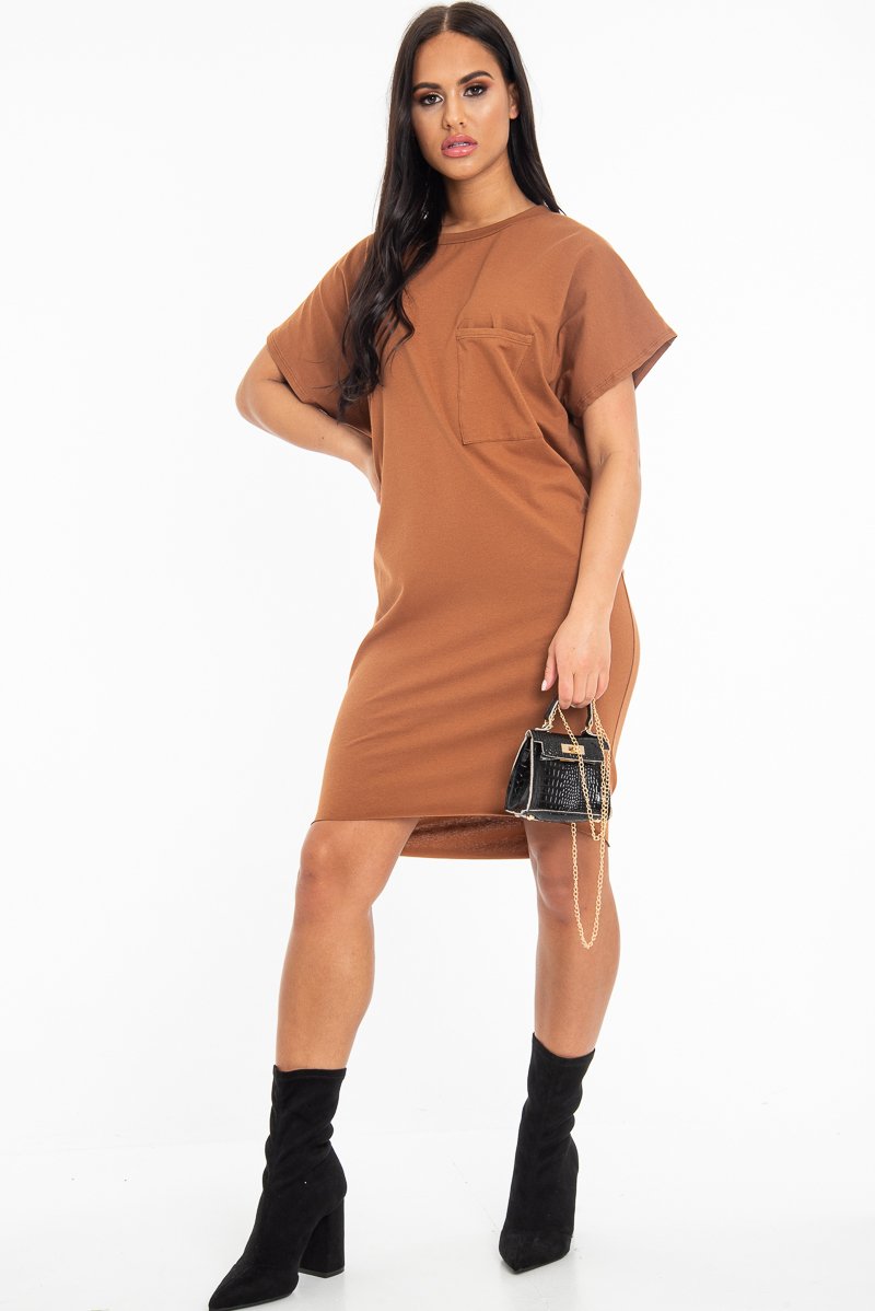 Brown Oversized Pocket Front Midi T-Shirt Dress - Whitney Brown Oversized Pocket Front Midi T-Shirt Dress - Whitney