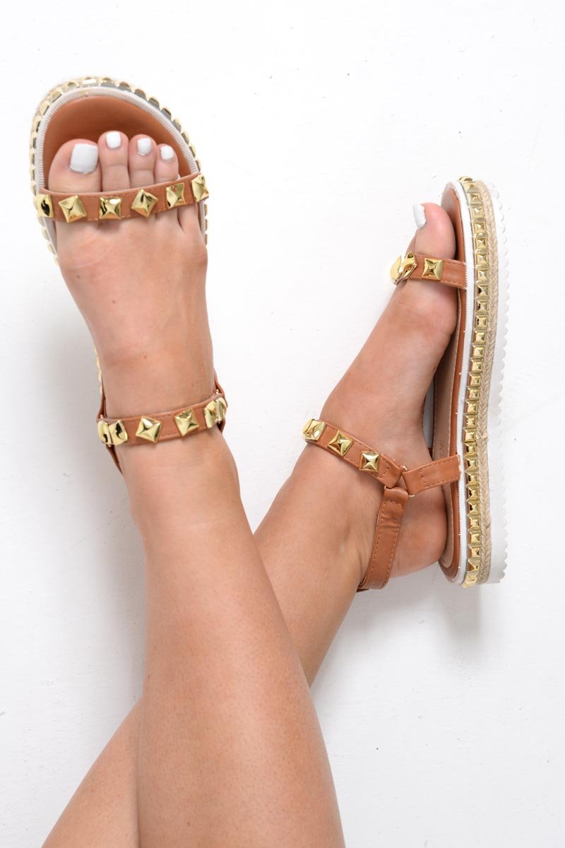 Brown PU Gold Studded Sandals - Leeah-Sandals