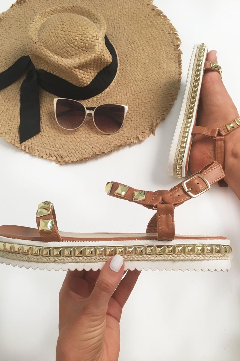 Brown PU Gold Studded Sandals - Leeah-Sandals