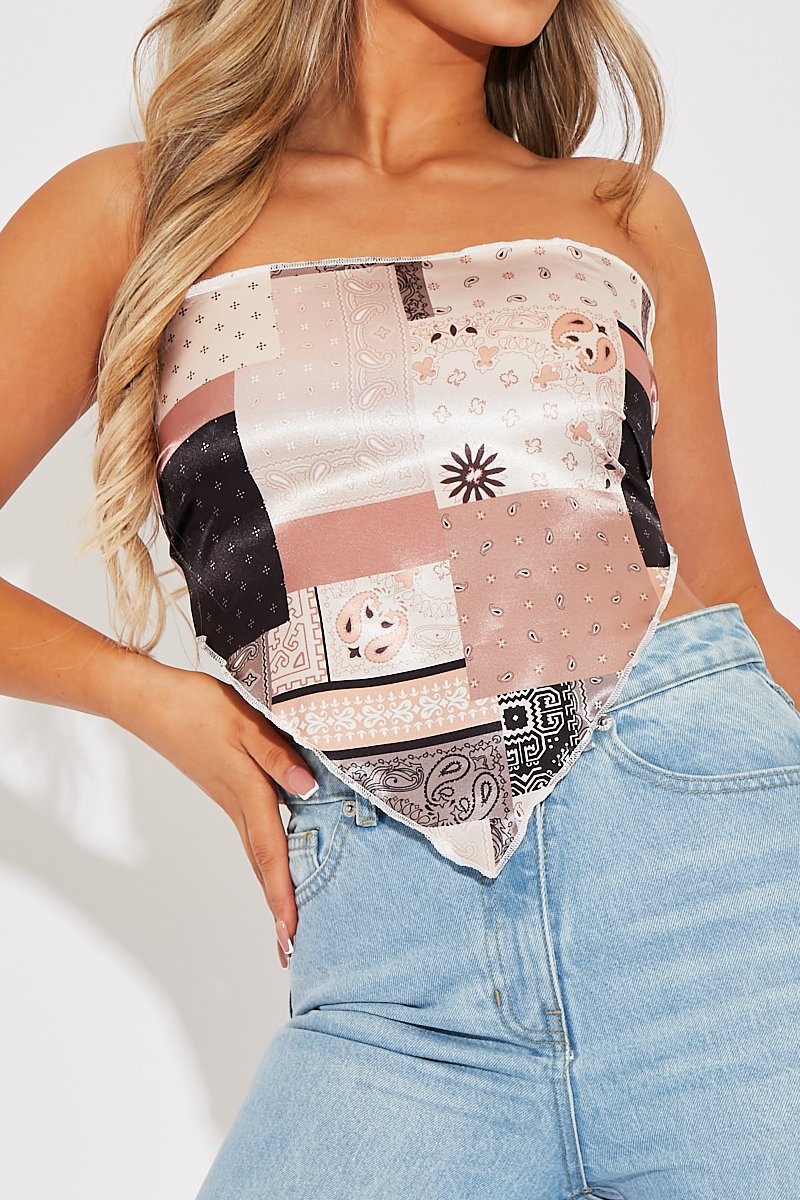Brown Paisley Printed Bandana Scarf Top - Maesie-Crop Tops