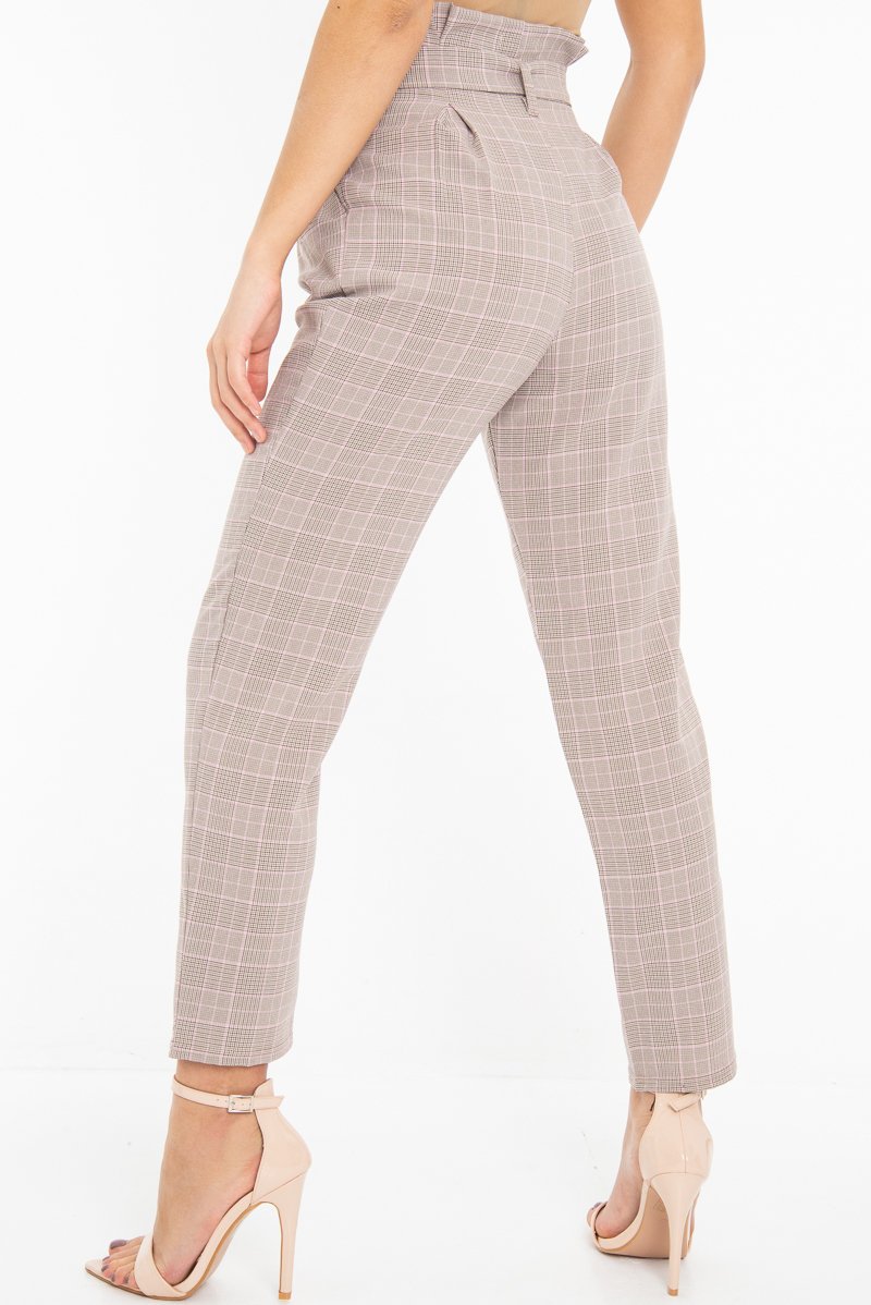 Brown Pink Check Tie Waist Tapered Trousers - Nikita-Trousers