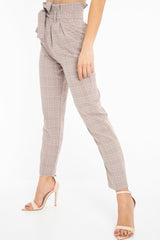 Brown Pink Check Tie Waist Tapered Trousers - Nikita-Trousers