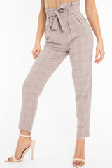 Brown Pink Check Tie Waist Tapered Trousers - Nikita-Trousers