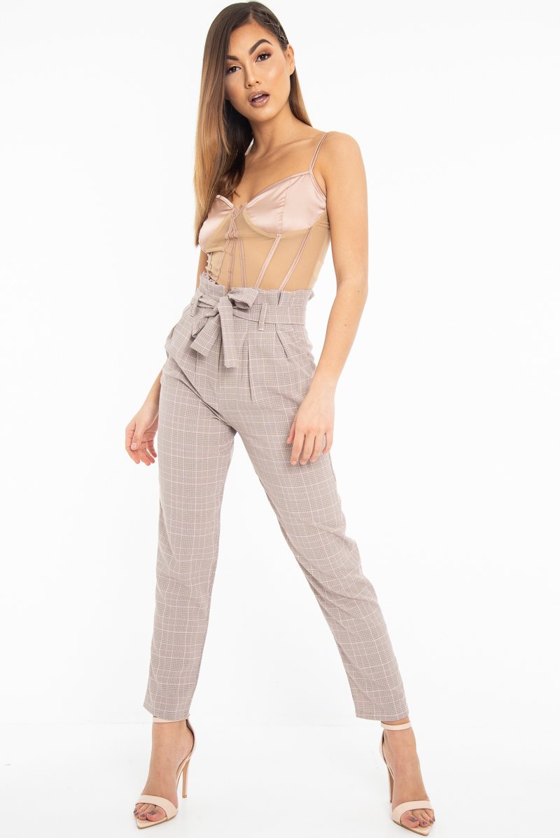 Brown Pink Check Tie Waist Tapered Trousers - Nikita-Trousers