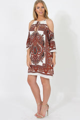 Brown Print Cold Shoulder Dress - Khaleesi-Dresses