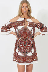 Brown Print Cold Shoulder Dress - Khaleesi-Dresses