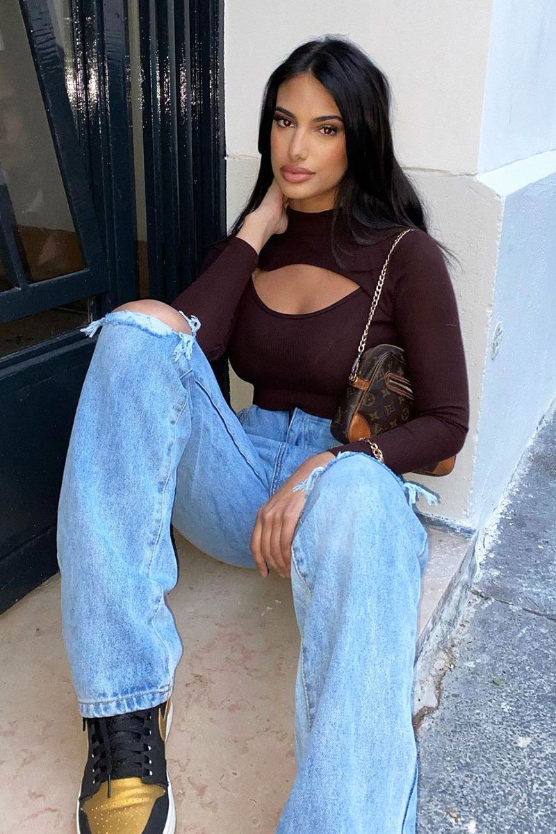 Brown Ribbed Cut Out Detail Bodysuit - Murphie-Bodysuits