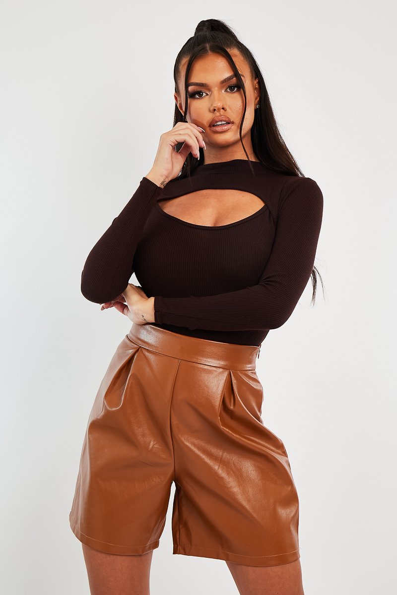 Brown Ribbed Cut Out Detail Bodysuit - Murphie-Bodysuits