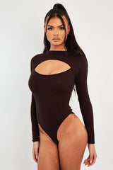 Brown Ribbed Cut Out Detail Bodysuit - Murphie-Bodysuits