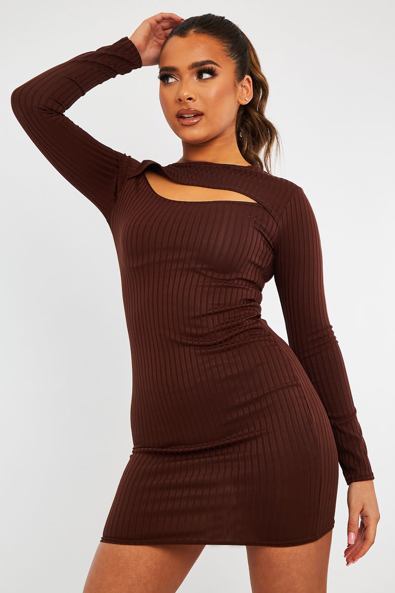 Brown Ribbed Cut Out Mini Dress - Ayana-Dresses