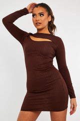 Brown Ribbed Cut Out Mini Dress - Ayana-Dresses